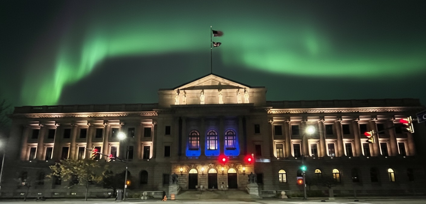 Cuyahoga County Probate Court building with northern lights rendering Cleveland Ohio night sky