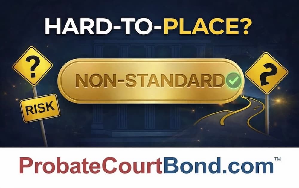 ProbateCourtBond.com info for non-standard probate court bonds: 'Hard-to-Place? Non-Standard Risk' with golden checkmark, yellow warning signs, and golden 'RISK' label on dark blue background.