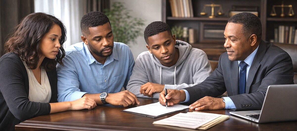 Family meeting with a probate bond professional at a desk, reviewing estate paperwork during the probate process