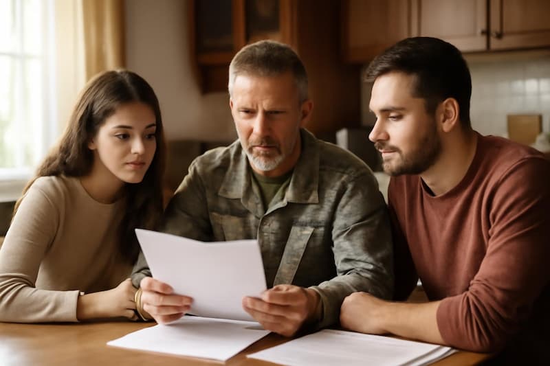 US veteran and family reviewing estate and guardianship planning documents