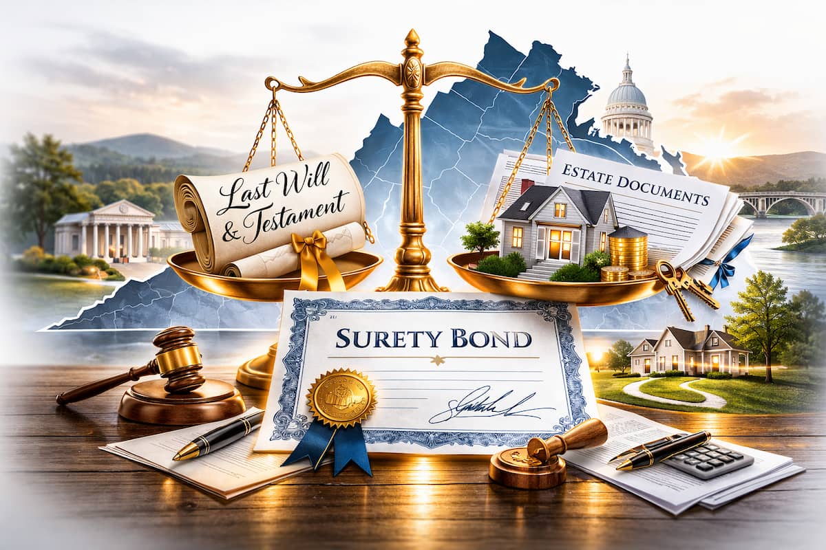 Virginia probate bonds executor administrator guardian surety bond scales of justice estate map