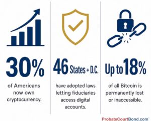 Infographic with three stats on digital assets in probate: 30% of Americans own cryptocurrency, 46 states and D.C. allow fiduciary access to digital accounts, and up to 18% of Bitcoin is permanently lost, from ProbateCourtBond.com.