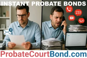Split-screen comparison graphic titled 'Instant Probate Bonds.' The left side shows a calm professional efficiently reviewing a document, representing the easy instant approval process. The right side shows a stressed, overwhelmed individual buried in paperwork and missed calls, representing the difficulty of traditional underwriting. Footer text: ProbateCourtBond.com.