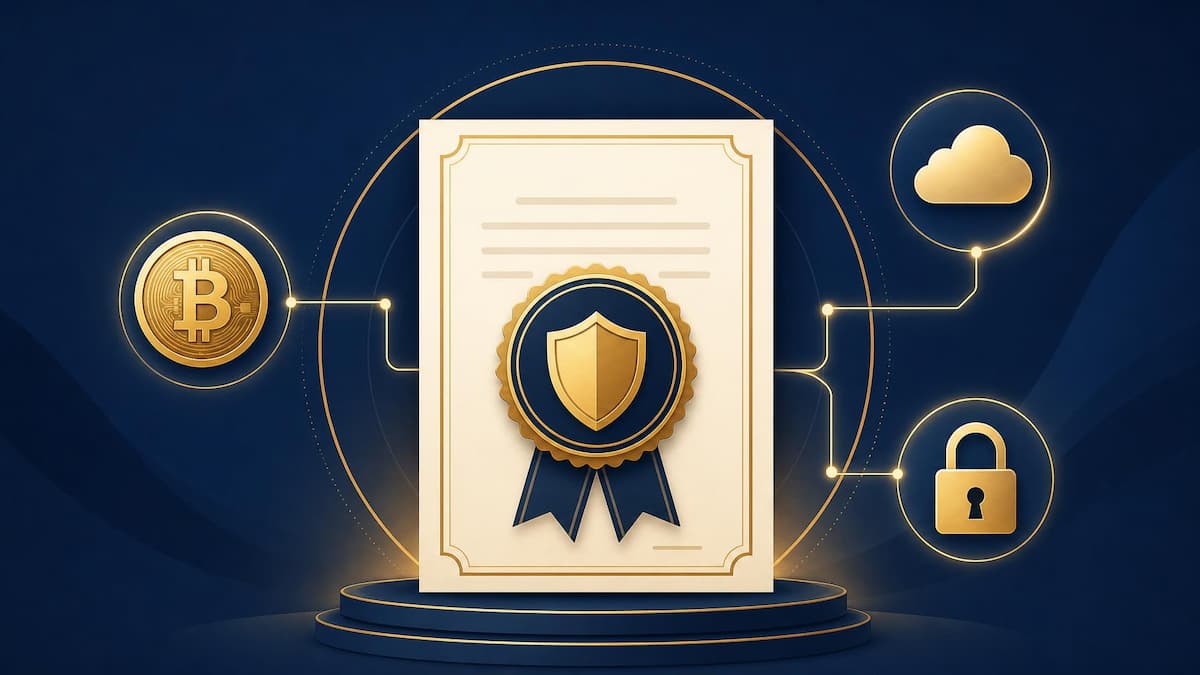 Illustration of a gold and navy fiduciary bond seal surrounded by icons for cryptocurrency, cloud storage, and digital security, representing bonding for estates with digital assets.