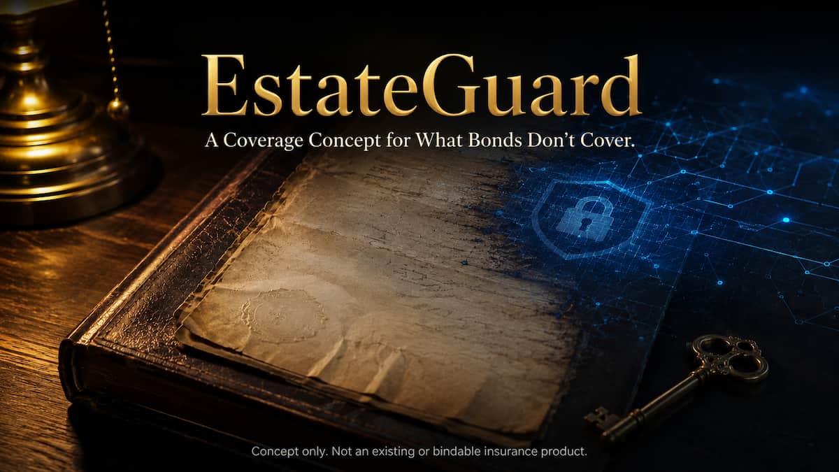 EstateGuard concept image, an antique legal document and brass key overlaid with a digital network pattern, symbolizing a proposed coverage gap between fiduciary bonds and estate fraud, marked as concept only, not an existing insurance product