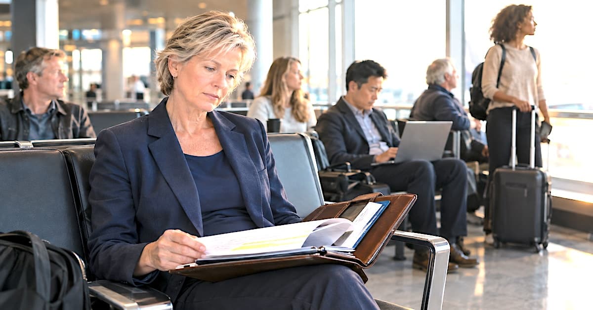 Executor reviewing estate documents and travel receipts at an airport gate before a probate court hearing