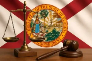 Florida personal representative bond concept showing justice scales and gavel in front of the Florida state flag