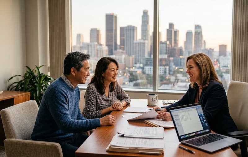 Asian family consulting with a US probate bond specialist about an international estate and guardianship bond requirement