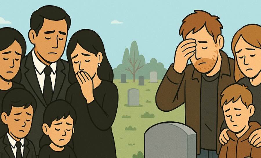 Two families grieving at a cemetery, illustrating wealth and class differences in probate outcomes