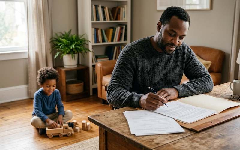 Adult guardian reviewing legal bond paperwork on behalf of a minor child at home