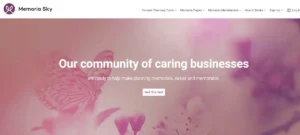 Tranquil sky with text promoting Memoria Sky funeral planning services, including memorial pages and end-of-life resources