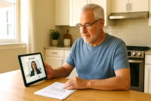 Older man reviewing executor documents at a kitchen table while meeting with an online notary on a tablet during a remote notarization session.
