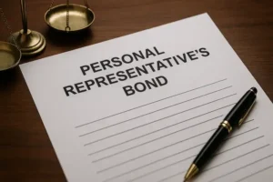 Personal Representative Bond document with pen and legal scales, representing probate requirements in Arizona, Florida, Indiana, and Michigan.