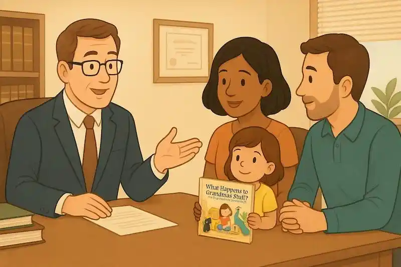 Attorney discussing probate process with young family, child holding What Happens to Grandma’s Stuff? children’s book