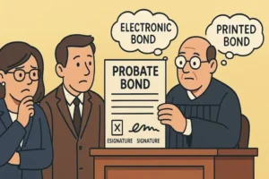 Cartoon illustration of a judge holding a probate bond while an attorney and client look confused, symbolizing the uncertainty between printed bonds and electronic e-signed bonds in probate courts.