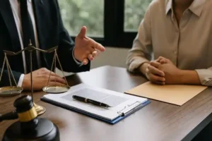 Two professionals meeting in an office to discuss estate planning and probate bond requirements