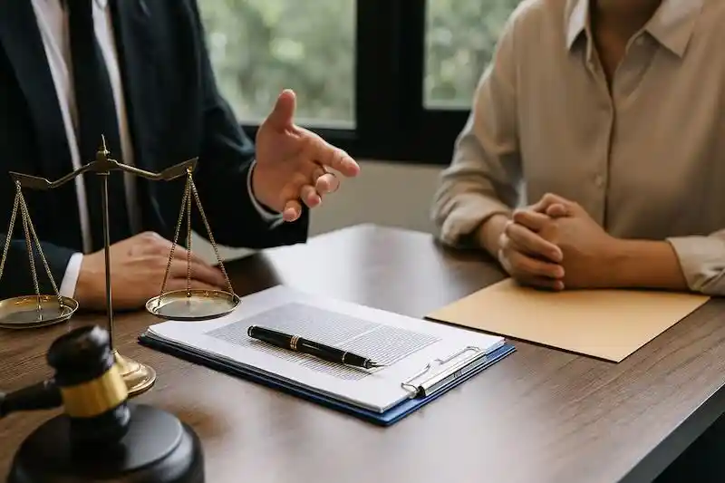 Two professionals meeting in an office to discuss estate planning and probate bond requirements