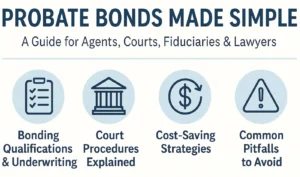 Infographic summarizing key topics from Probate Bonds Made Simple, including bonding requirements, court procedures, underwriting tips, and cost-saving strategies for attorneys, courts, and fiduciaries.