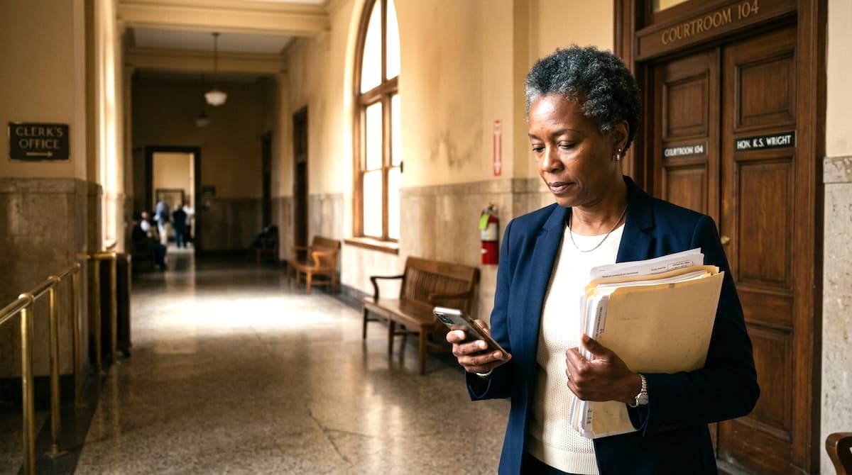 Executor in a courthouse hallway holding estate paperwork while checking her probate bond number on her phone