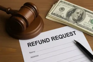 Close-up of a judge’s gavel, refund request form, and stack of hundred-dollar bills on a desk