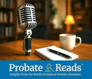 Vintage podcast microphone on a desk with a notebook, pen, and coffee mug in a warm library setting, representing Probate Reads podcast and book reviews focused on estate planning, probate education, and guardianship resources.