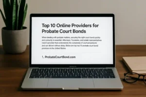 Laptop open to blog post with title "Top 10 Online Providers for Probate Court Bonds"