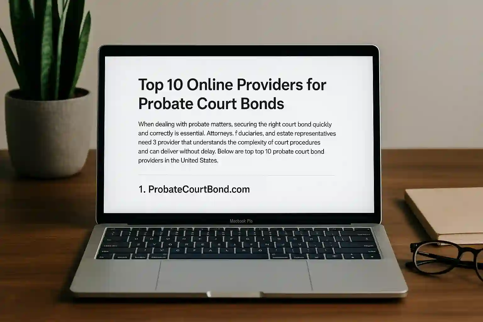 Laptop open to blog post with title "Top 10 Online Providers for Probate Court Bonds"