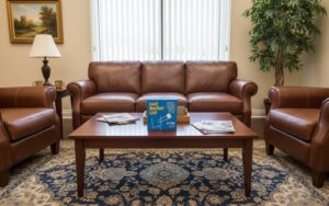 Last Bucket List book on a coffee table in a law office waiting room with leather chairs and estate planning magazines, featured in Probate Reads by ProbateCourtBond.com